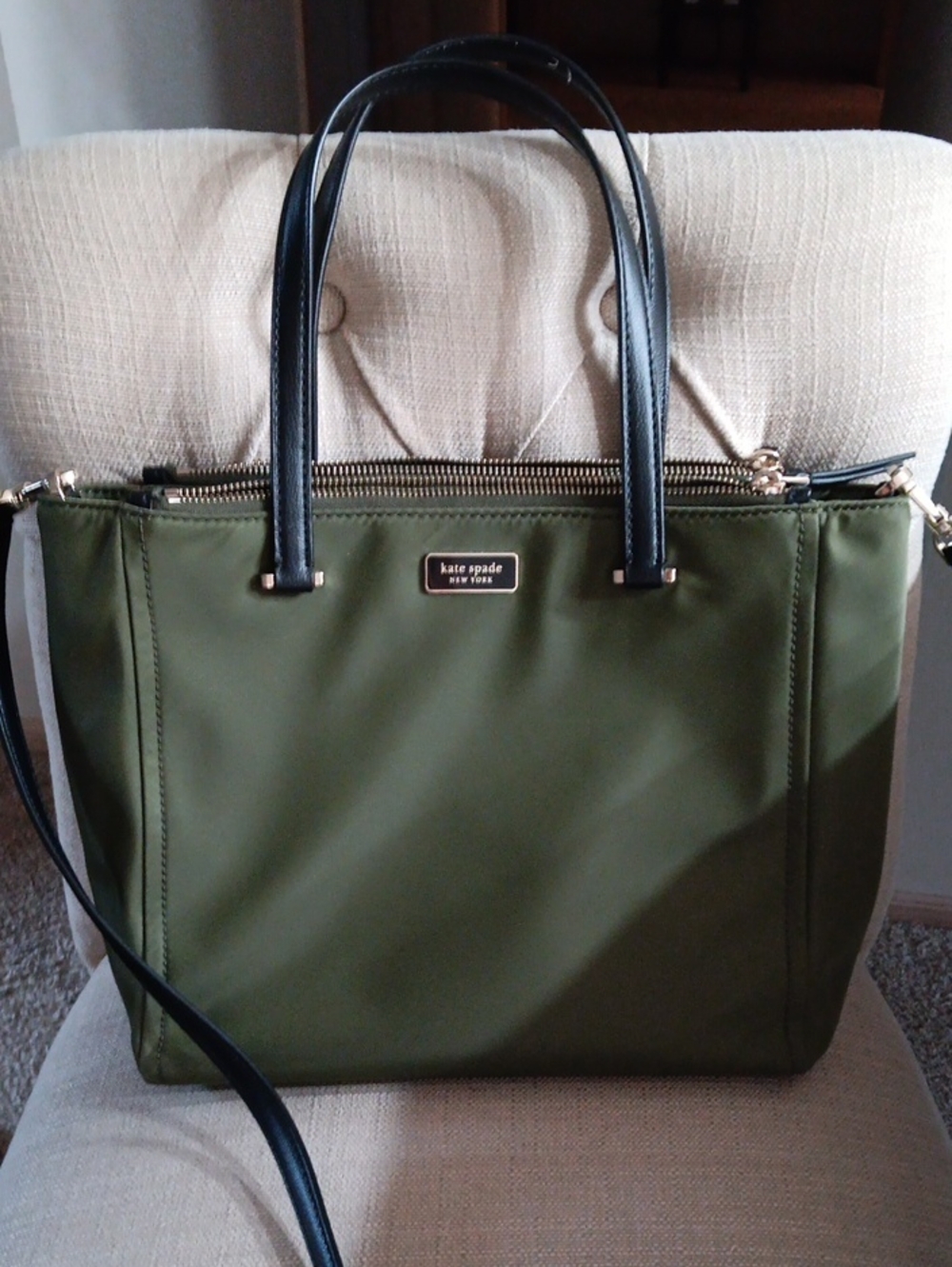 kate spade new york Kate Spade Olive Green Nylon Dual Zip Tote Green & Black